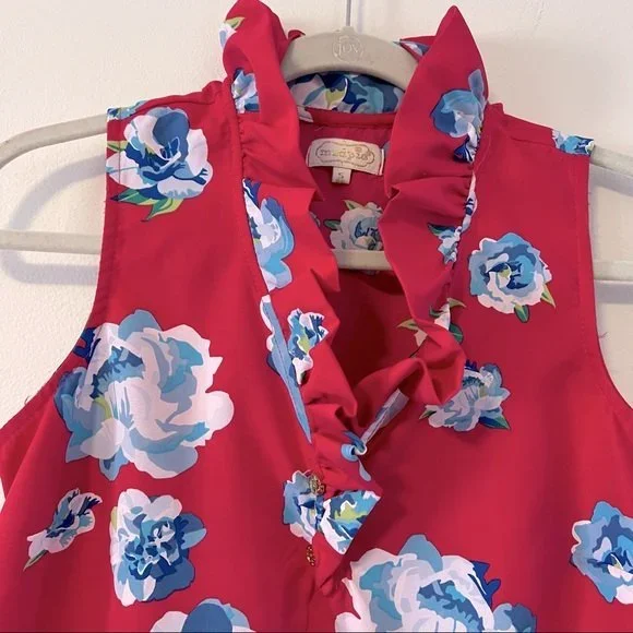 MUDPIE Pink Floral Whitney Sleeveless Tunic Top with Ruffled Neckline, Size S - Picture 6 of 9